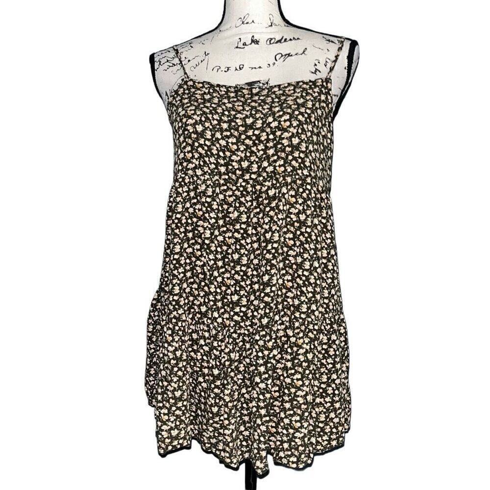 American Eagle Floral Tiered Babydoll Mini Dress Olive Green Pink Medium